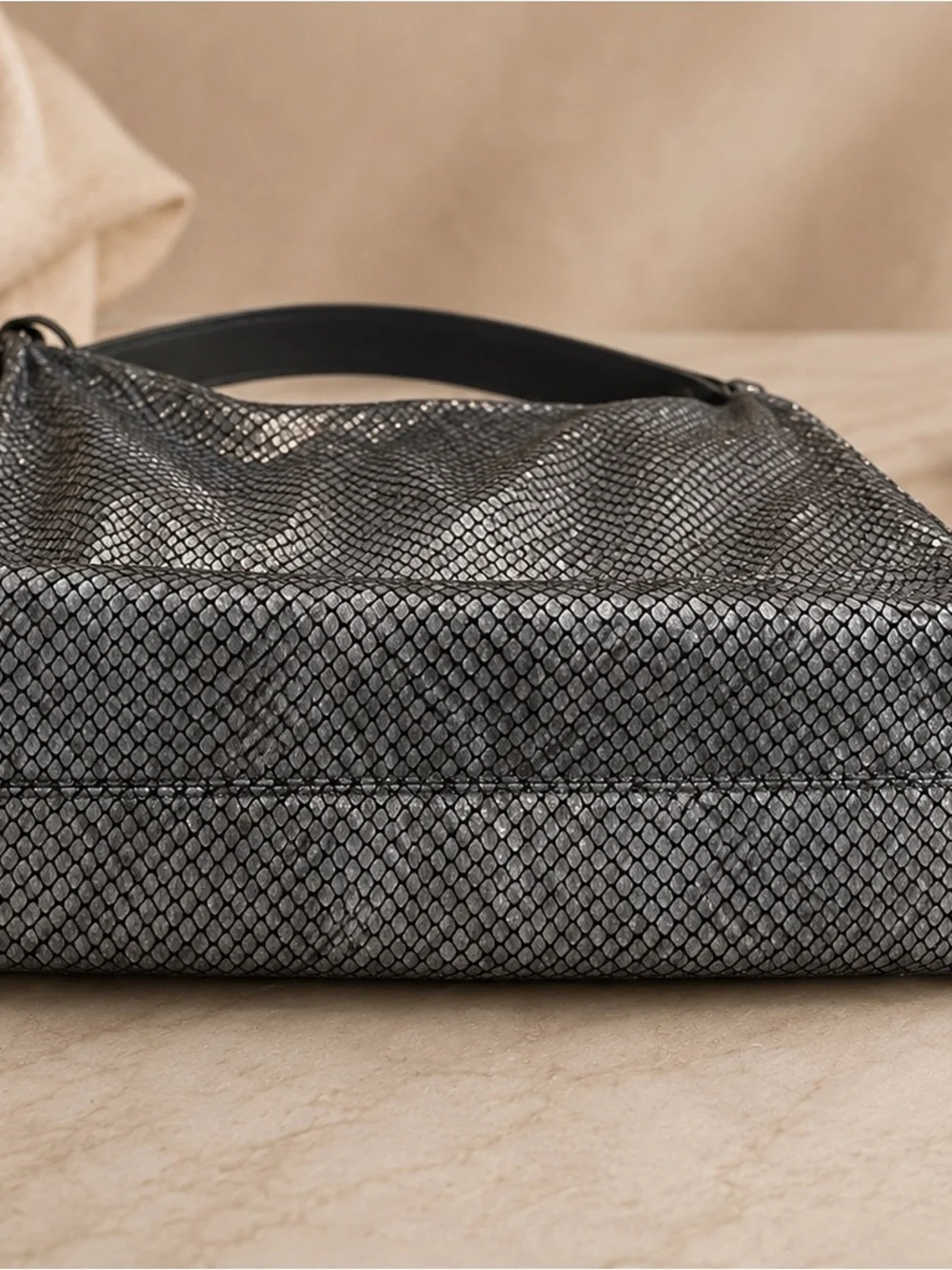 Sondra Roberts Squared Metallic Snake Print Hobo Bag Tassel Pewter